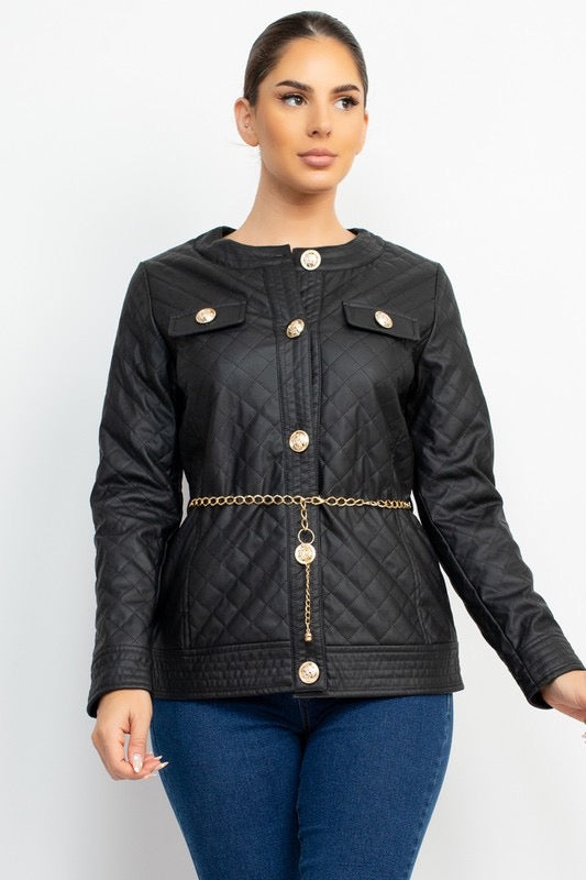 Faux Leather Chain Belt Quilted Jacket