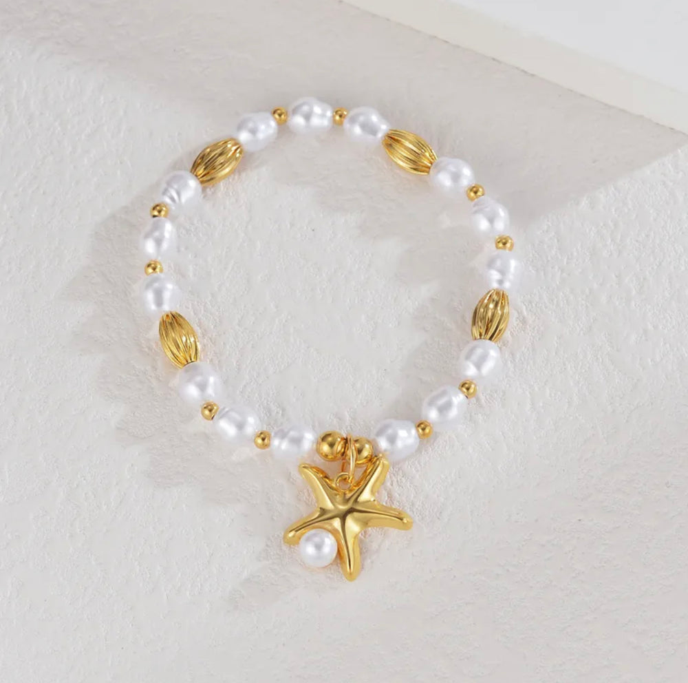 Vacation classic style starfish conch 304 stainless steel 18k gold plated beaded chain Bracelets