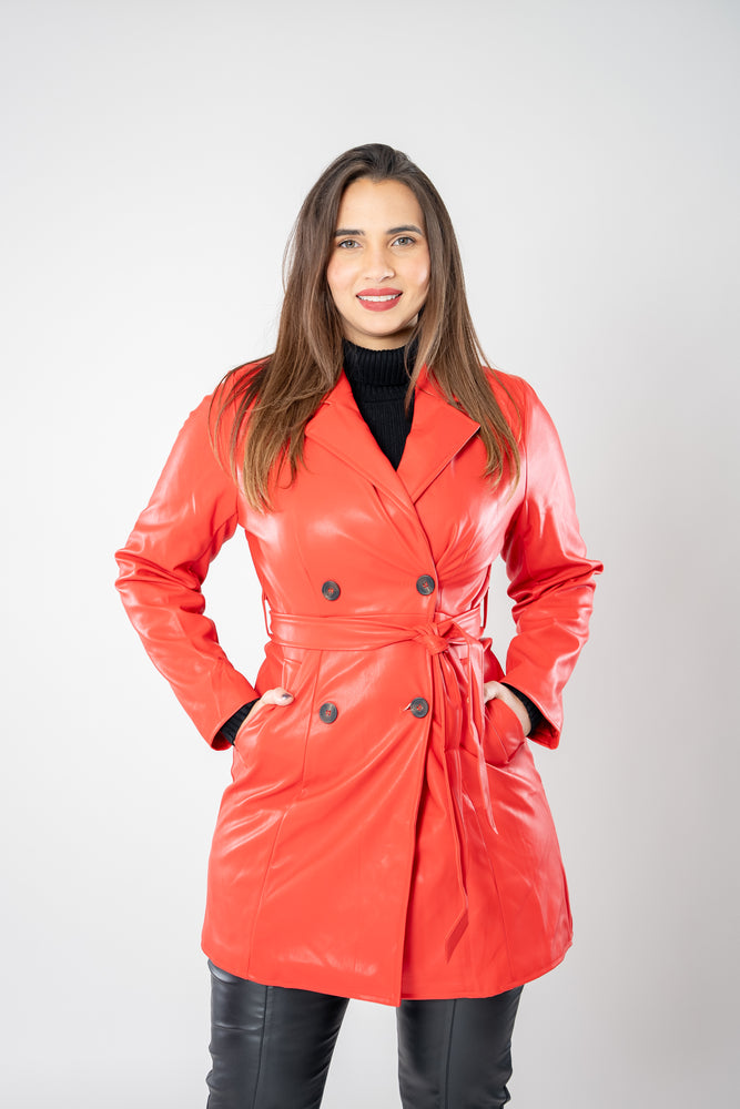 
                  
                    PU faux leather trench jacket with waist belt
                  
                