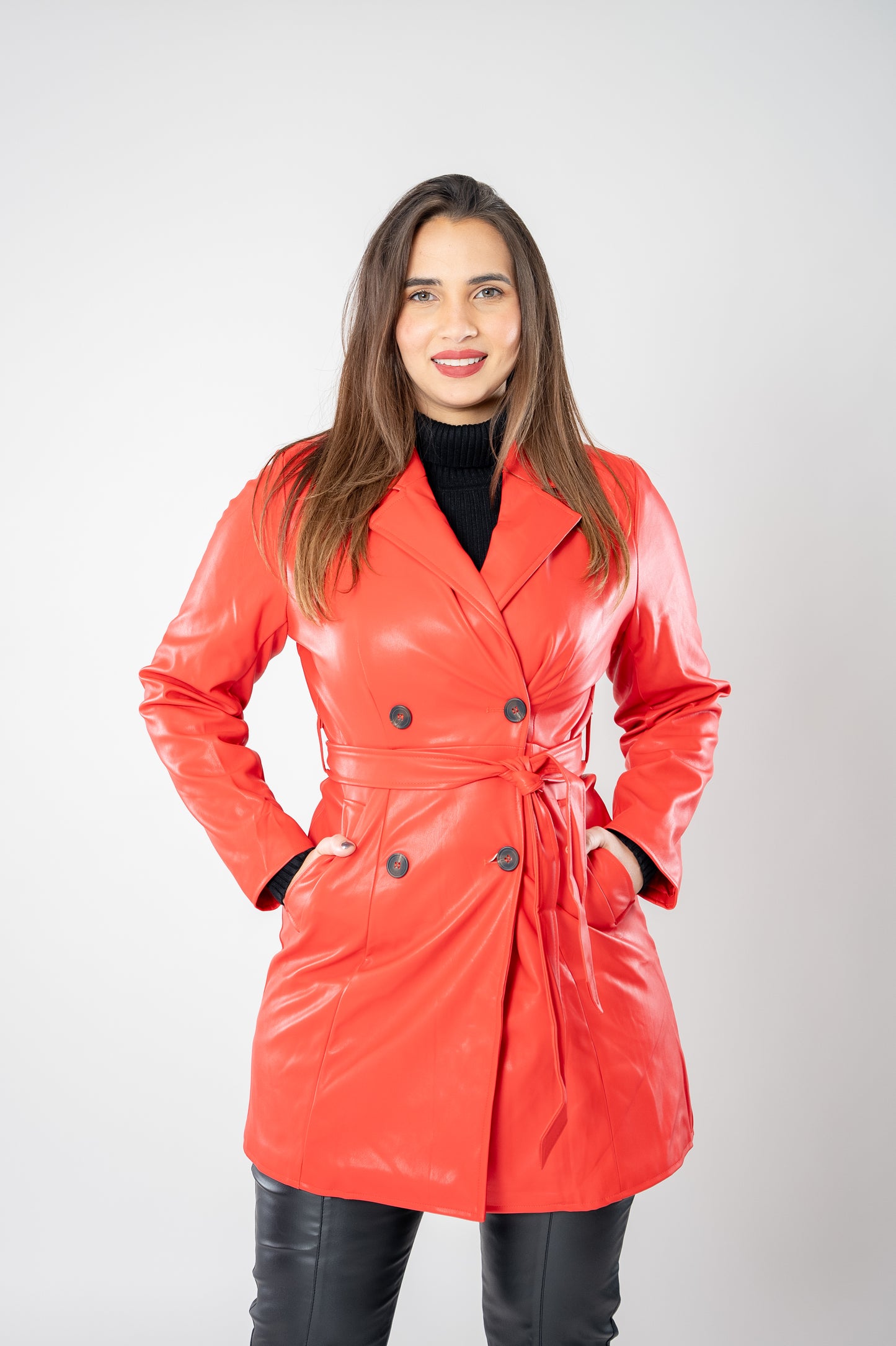 
                  
                    PU faux leather trench jacket with waist belt
                  
                