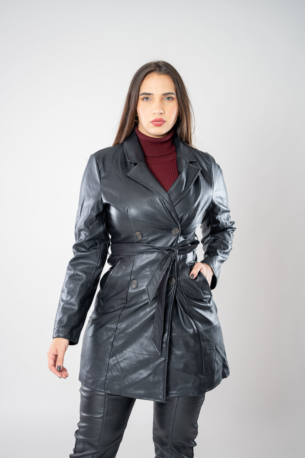 PU faux leather trench jacket with waist belt