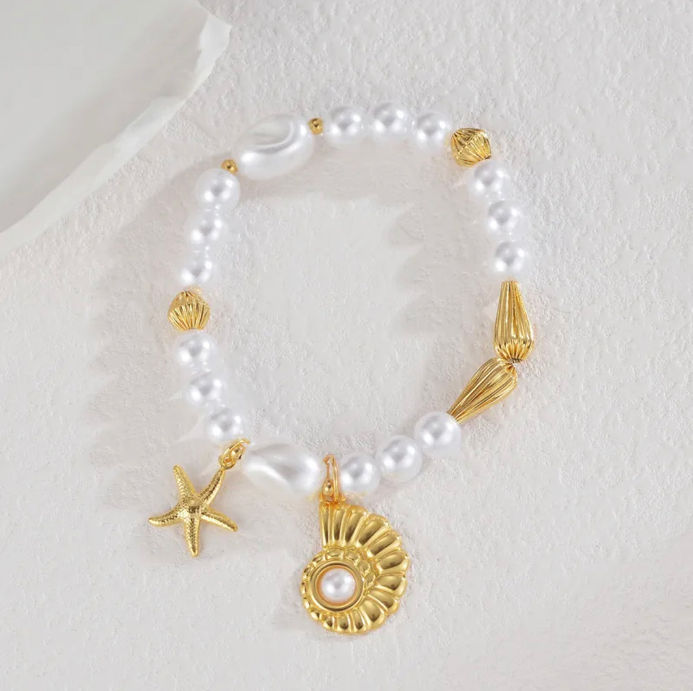 
                  
                    Vacation classic style starfish conch 304 stainless steel 18k gold plated beaded chain Bracelets
                  
                