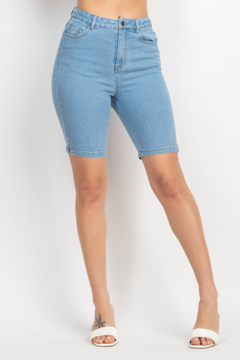 Denim slit skinny bike shorts