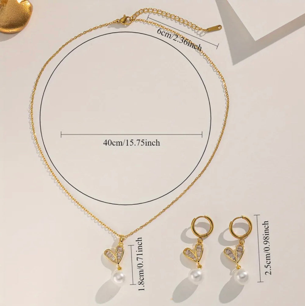 Style elegant heart shape 316 stainless pearl zircon inlay jewelry set